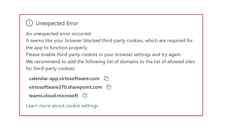 Unexpected Error in Virto Calendar App caused by the browser blocking third-party cookies
