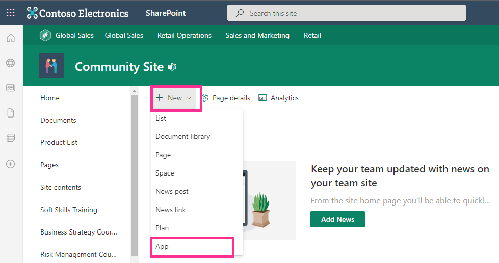Choosing App from the New drop-down menu on a SharePoint site