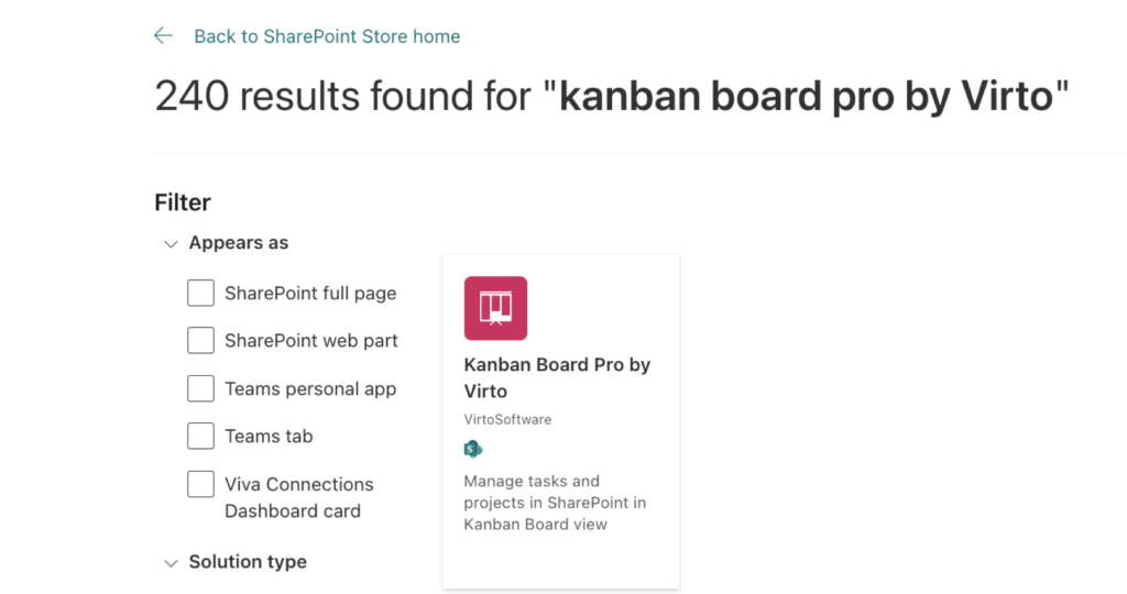 Searching for kanban to find Kanban Board Pro by Virto in the SharePoint store