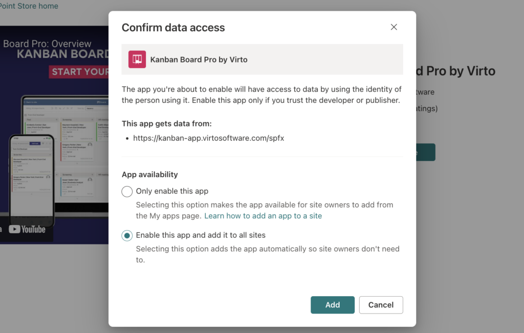 Add to Apps site button for Kanban Board Pro by Virto