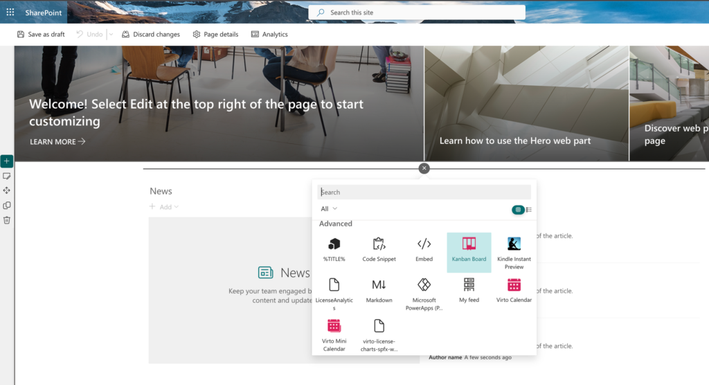 Adding Kanban Board Pro to a SharePoint site page like any other app