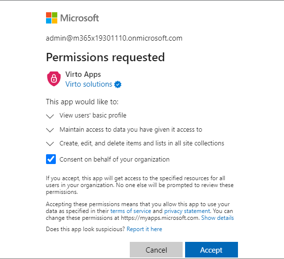 Azure AD consent screen with the Consent on behalf of your organization checkbox and Accept button