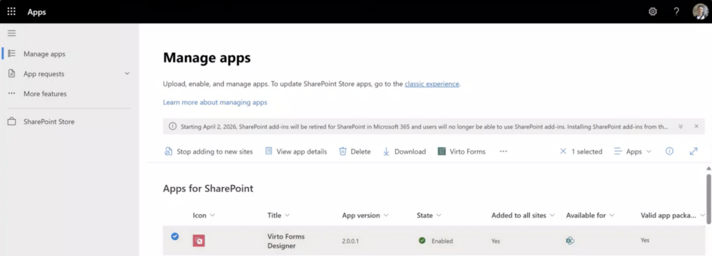 Virto Forms Designer add-in listed in the SharePoint App Catalog