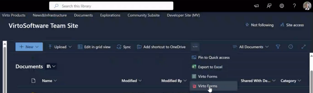 Virto Forms Designer app icon shown on the SharePoint ribbon