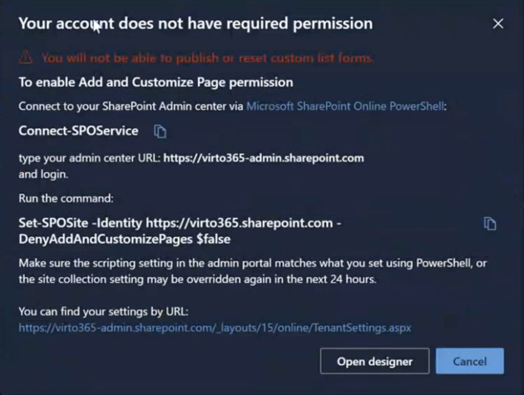 Dialog requesting permissions for the Virto Forms Designer app after clicking its icon