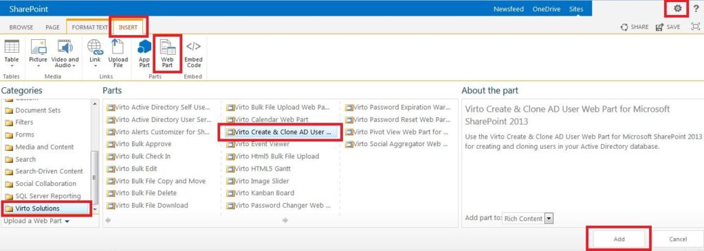 Selecting Virto Create & Clone AD User Web Part in the Add Web Part panel on a SharePoint page