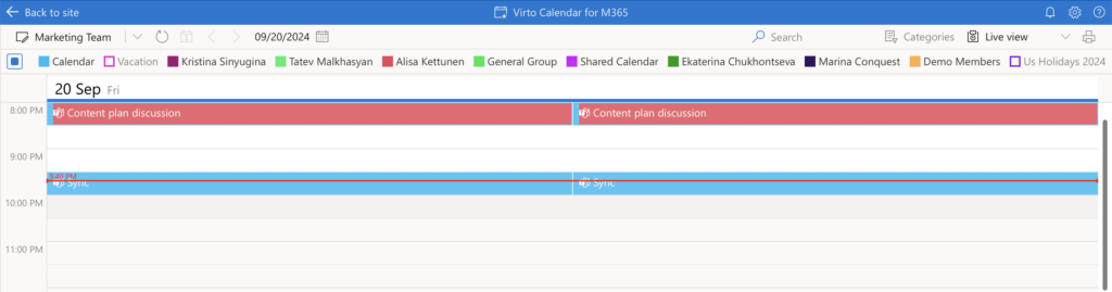Live View in Virto Calendar App keeping the Day View updated with real-time event changes