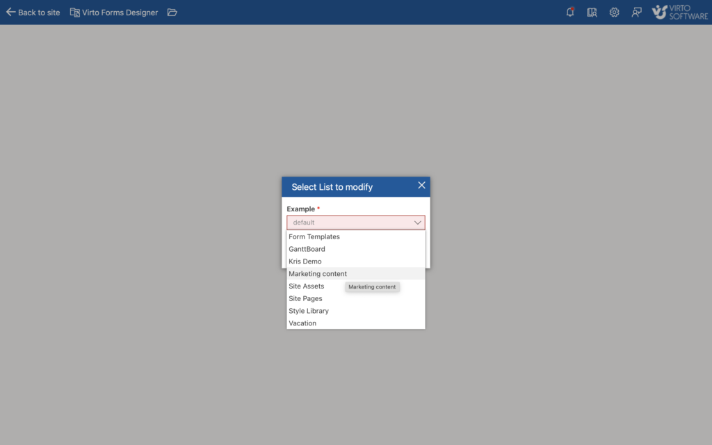 Virto Forms web app for creating custom SharePoint forms at forms-app.virtosoftware.com