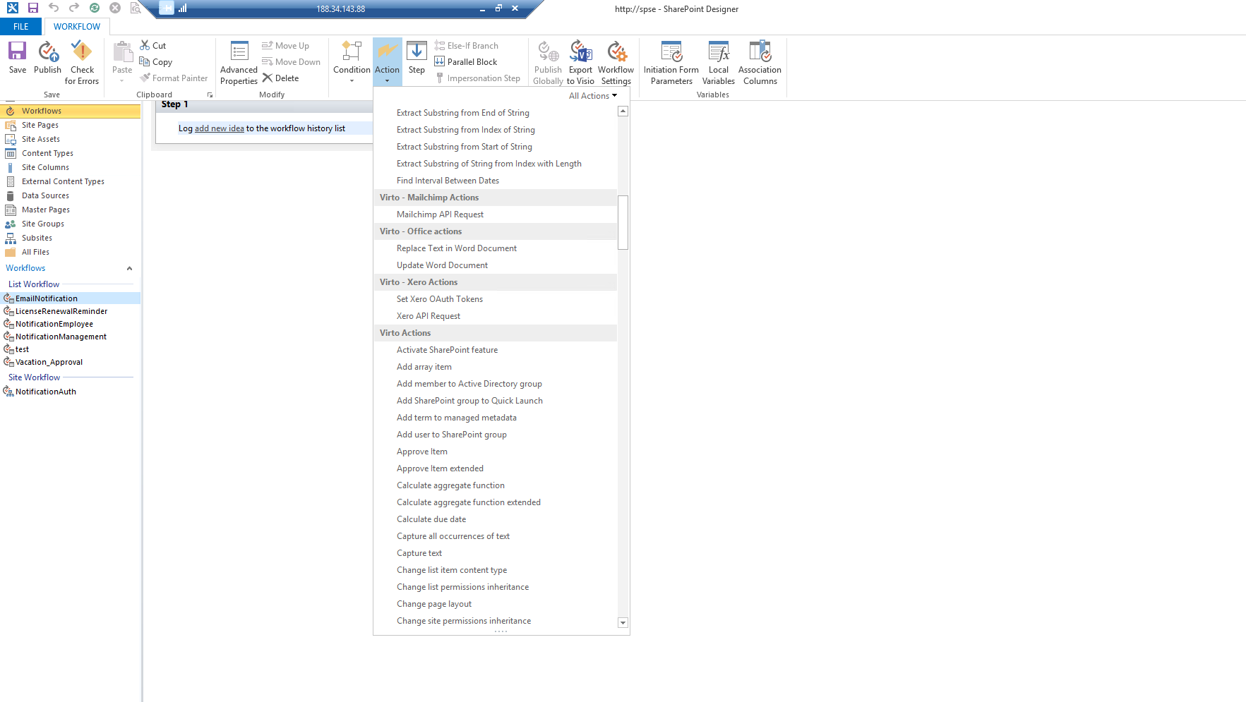 Selecting Virto Actions from the More Actions dialog in the SharePoint Designer workflow editor
