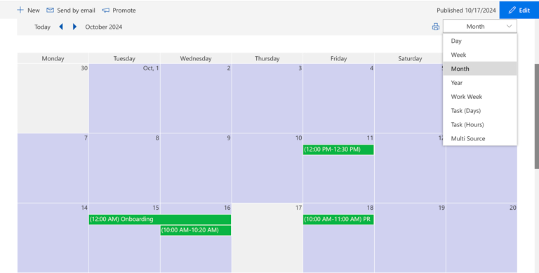 Same set of Virto Calendar views available on a SharePoint modern page