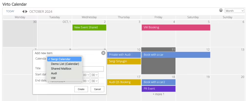 Dragging across days in Virto Calendar to select a time period and create a multi-day event