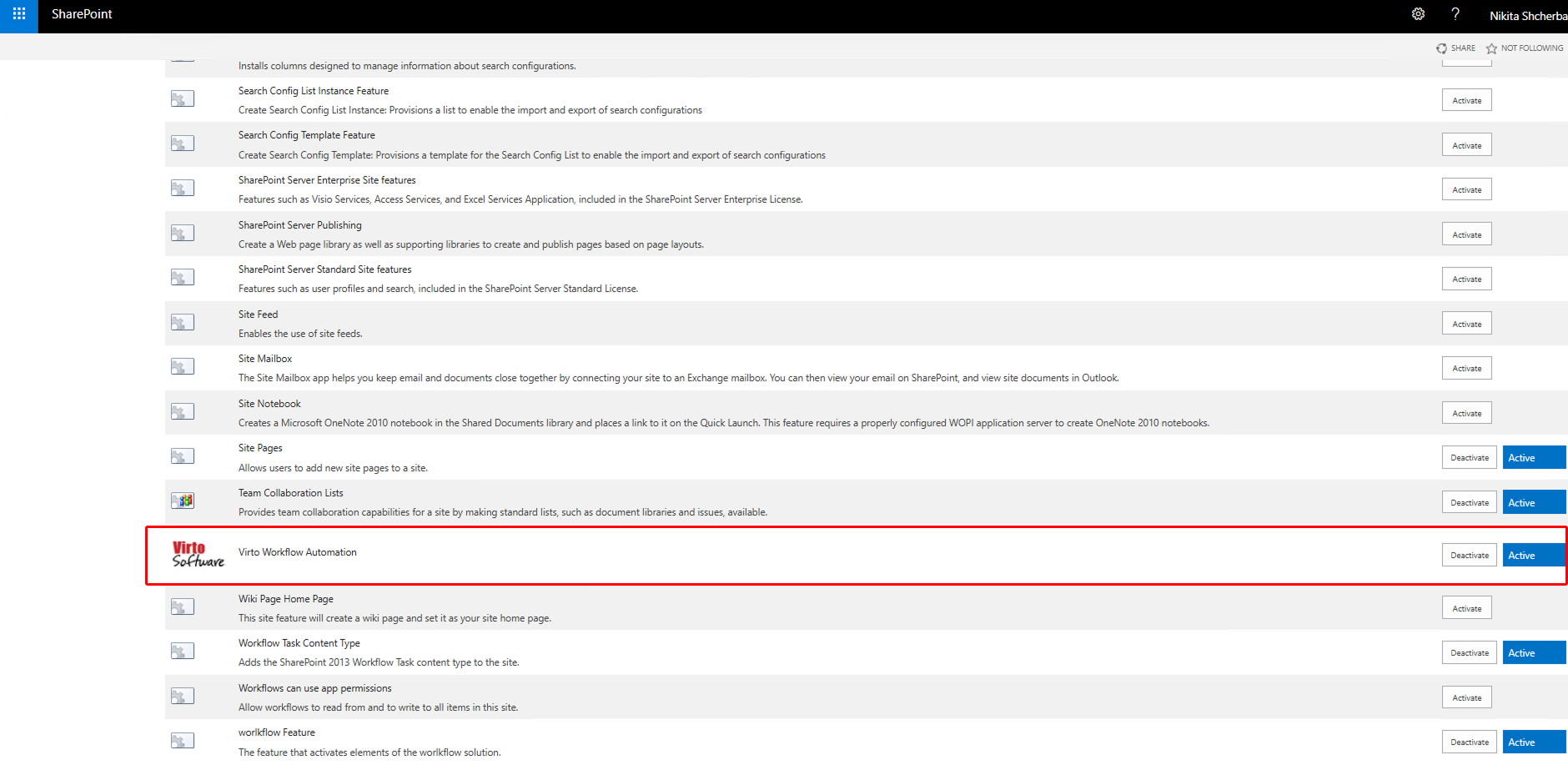 Manage site features page showing Virto Workflow Automation with an Active status