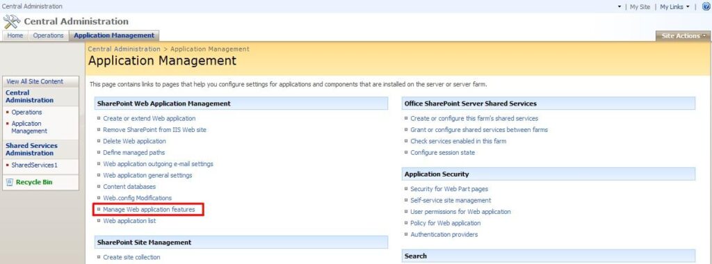 Manage Web Application Features page in SharePoint Central Administration under Application Management
