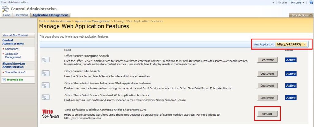 Activating the Virto Workflow Activities Kit feature for the desired web application in SharePoint