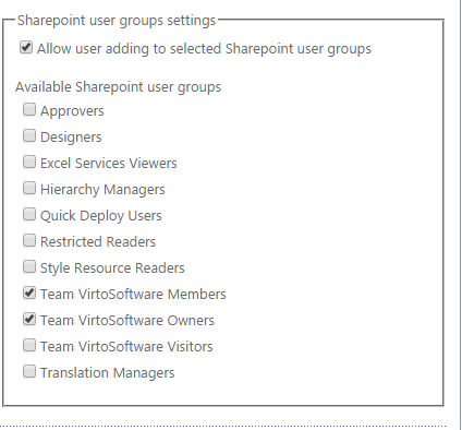 Allow user adding to selected SharePoint user groups checkbox with group selection list