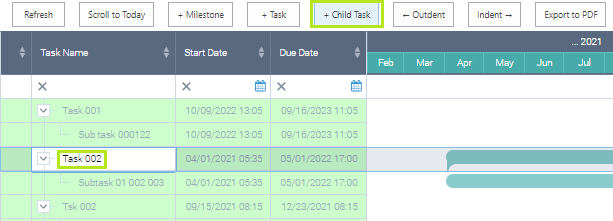 + Child Task button appearing after selecting a parent task in the Virto Gantt Chart list