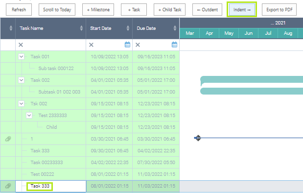 Using the Indent button to make a selected task a child of another in the Virto Gantt Chart