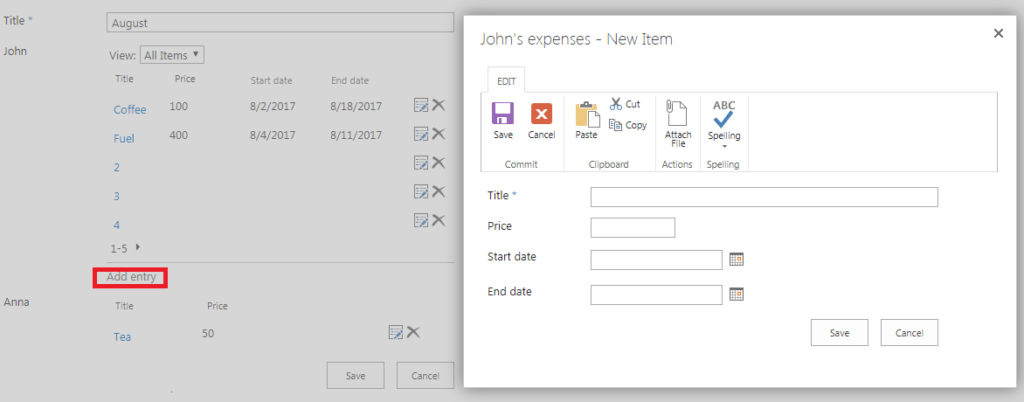 Add new item link enabled for John&rsquo;s expenses and disabled for Anna&rsquo;s expenses in the parent list