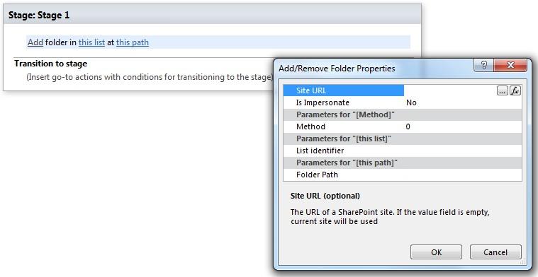 Add/Remove folder workflow activity properties in Virto Workflows for Office 365
