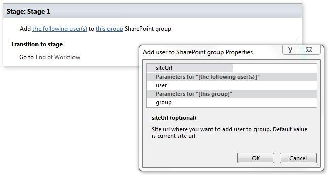 SharePoint Designer phrase for the Add user to SharePoint group workflow activity