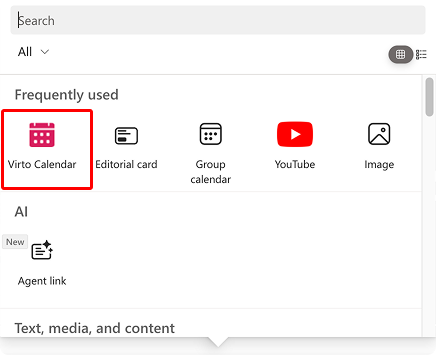 Adding the Virto Calendar web part to a SharePoint site page in edit mode
