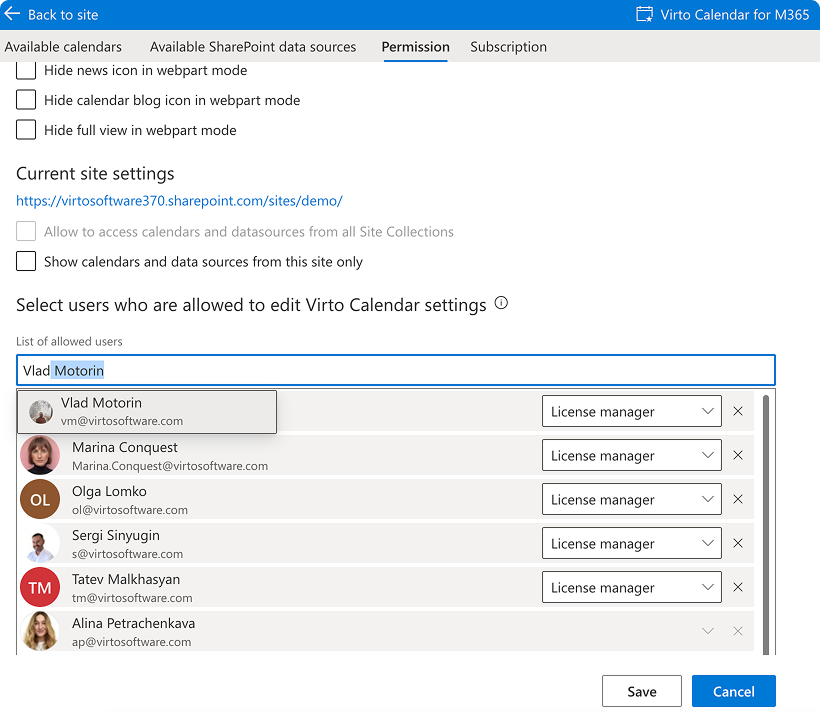 Adding users allowed to edit a Virto calendar by name, surname, or email