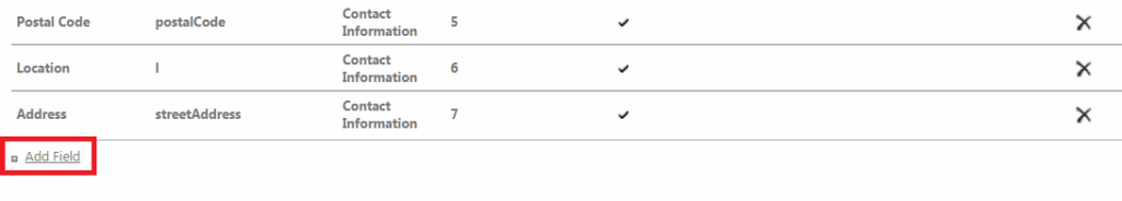 List of fields with the Add Field option in Active Directory Self Service settings