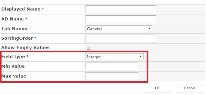 Integer field type with minimum and maximum value options when editing an AD Self Service field