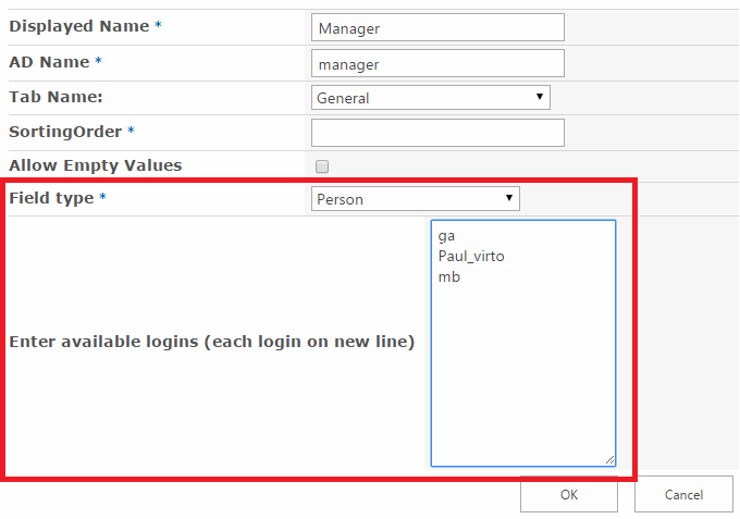 Person field type where available logins are entered one per line for an AD User Service field