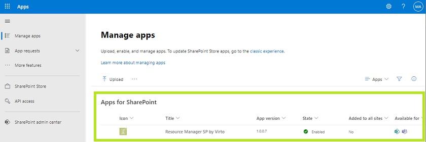 Approved Resource Manager app available for SharePoint and Teams in the Apps catalog