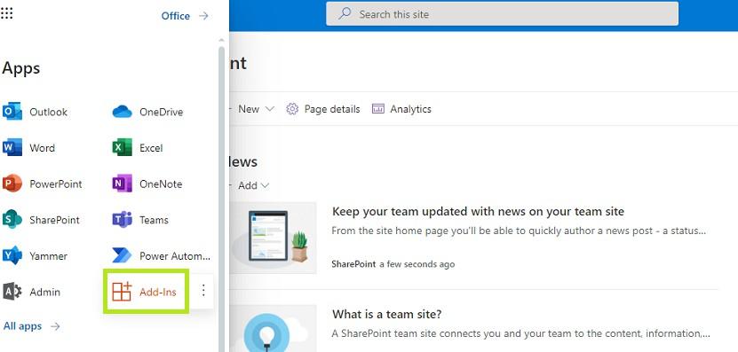 Choosing Add-Ins in the SharePoint Apps section