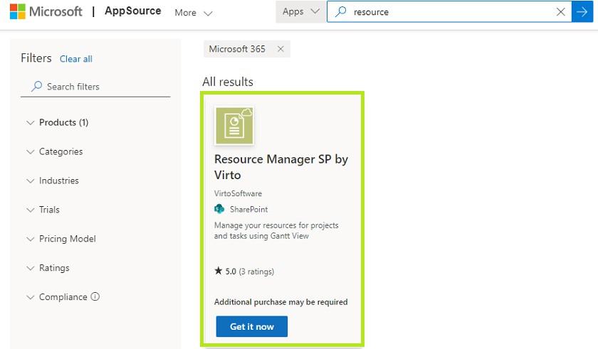 Virto Resource Manager for SP listing with the Get it now button in the store