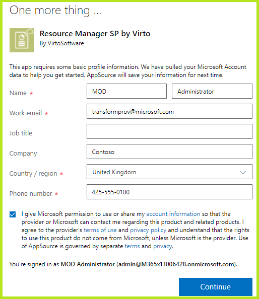 Form prompting for required details before getting the Resource Manager app