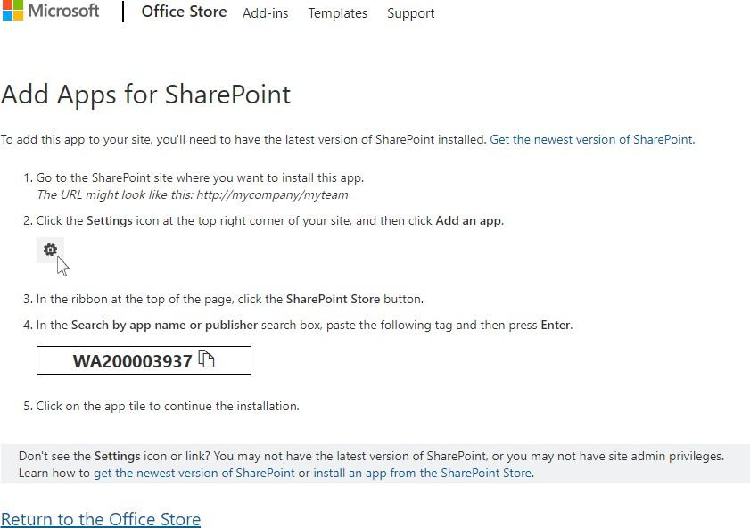 Add Apps for SharePoint page with the installation steps to follow