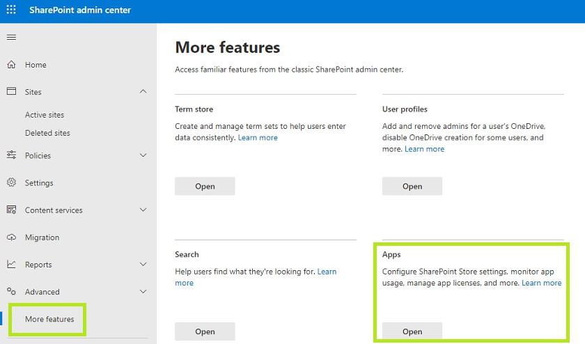 Finding More features and Apps in the Microsoft 365 admin center