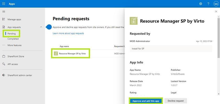 Approving the pending Resource Manager app in the SharePoint App catalog