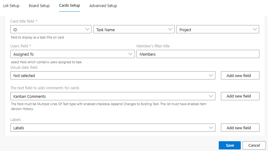 Task information step showing list fields, some selected for Virto Kanban cards