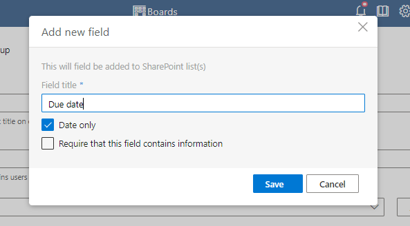 Add new field form naming the field with a require-information checkbox