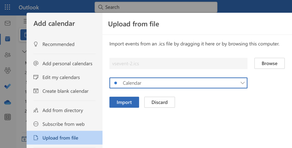 Upload from file option in Outlook with target calendar chosen and the Import button