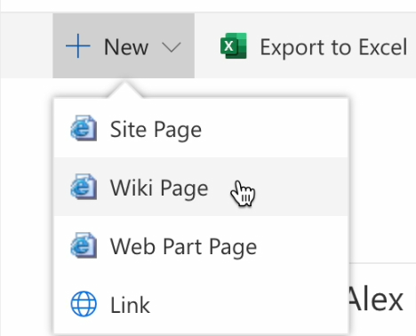 Selecting Wiki Page from the +New menu in SharePoint