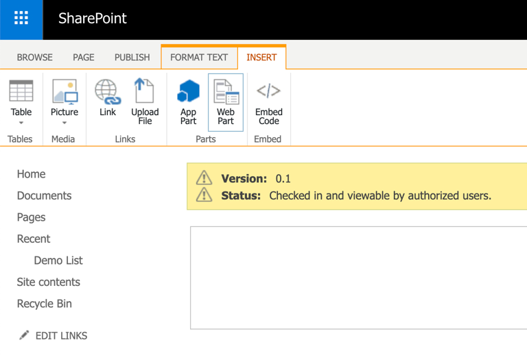 Web Part icon highlighted in the Insert tab of the SharePoint ribbon