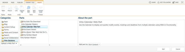 Virto Calendar web part selected in the Virto Solutions category before clicking Add