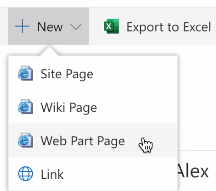 Selecting Web Part Page from the +New menu in SharePoint