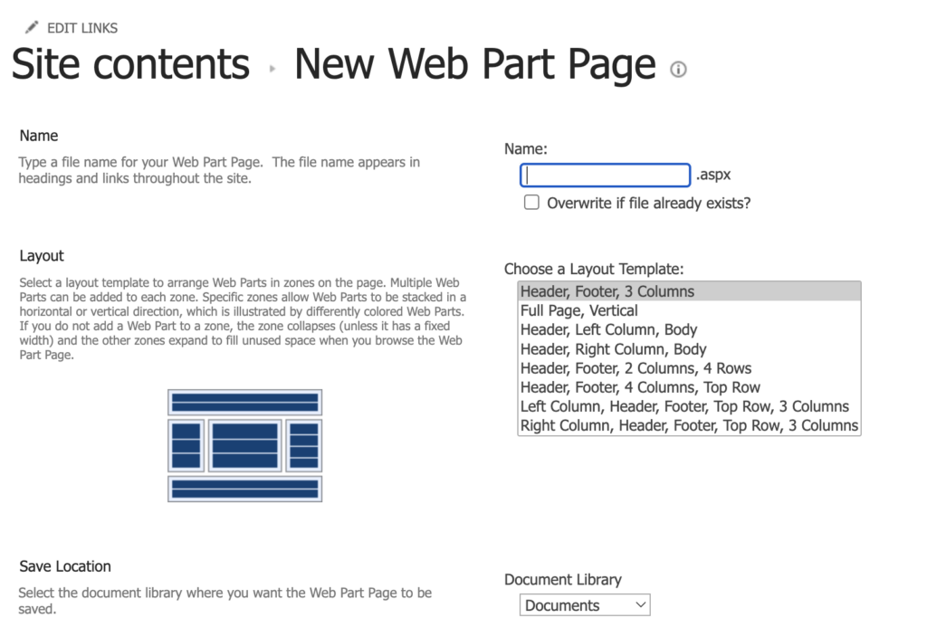 Setting the Web Part Page name, layout, and save location in SharePoint