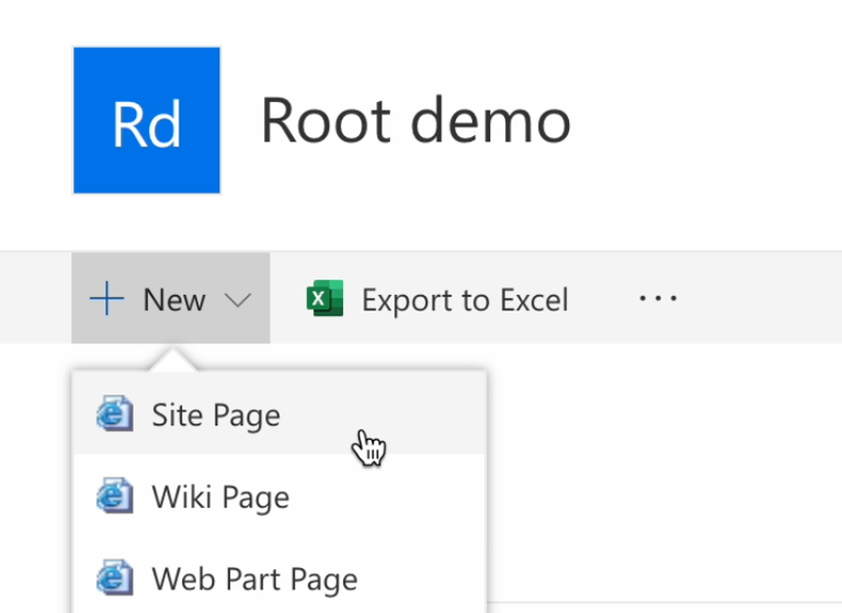 Choosing Site Page from the New menu on a SharePoint modern site