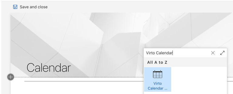 Selecting the Virto Calendar icon from the web part picker on a modern page