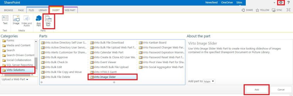 SharePoint page in edit mode before adding the Virto Image Slider web part