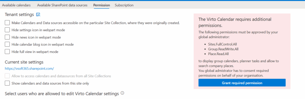 Calendar settings message prompting the admin to Grant required permission for the Virto Calendar App