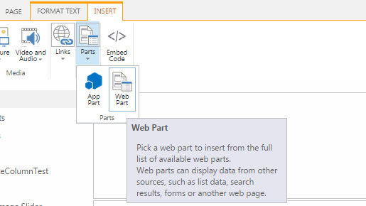 Inserting a Web Part on a SharePoint page via the Insert tab on the ribbon in edit mode