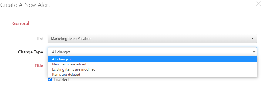 Alert change type options for added, modified, or deleted SharePoint list items